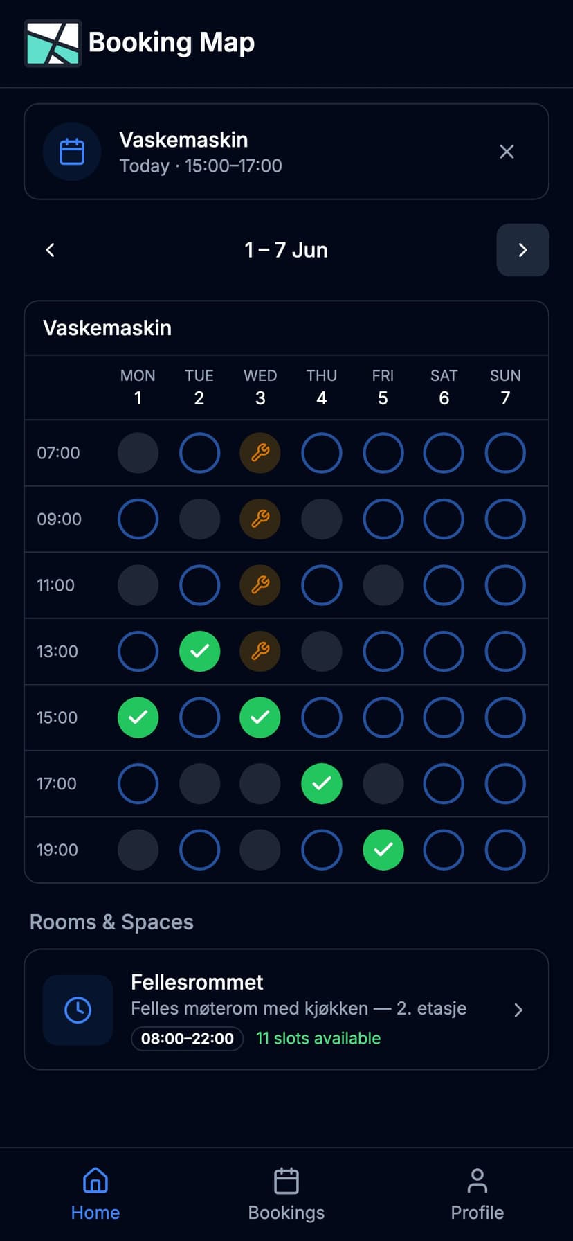 Booking Map-appen som viser ukentlig bookingvisning med vedlikehold
