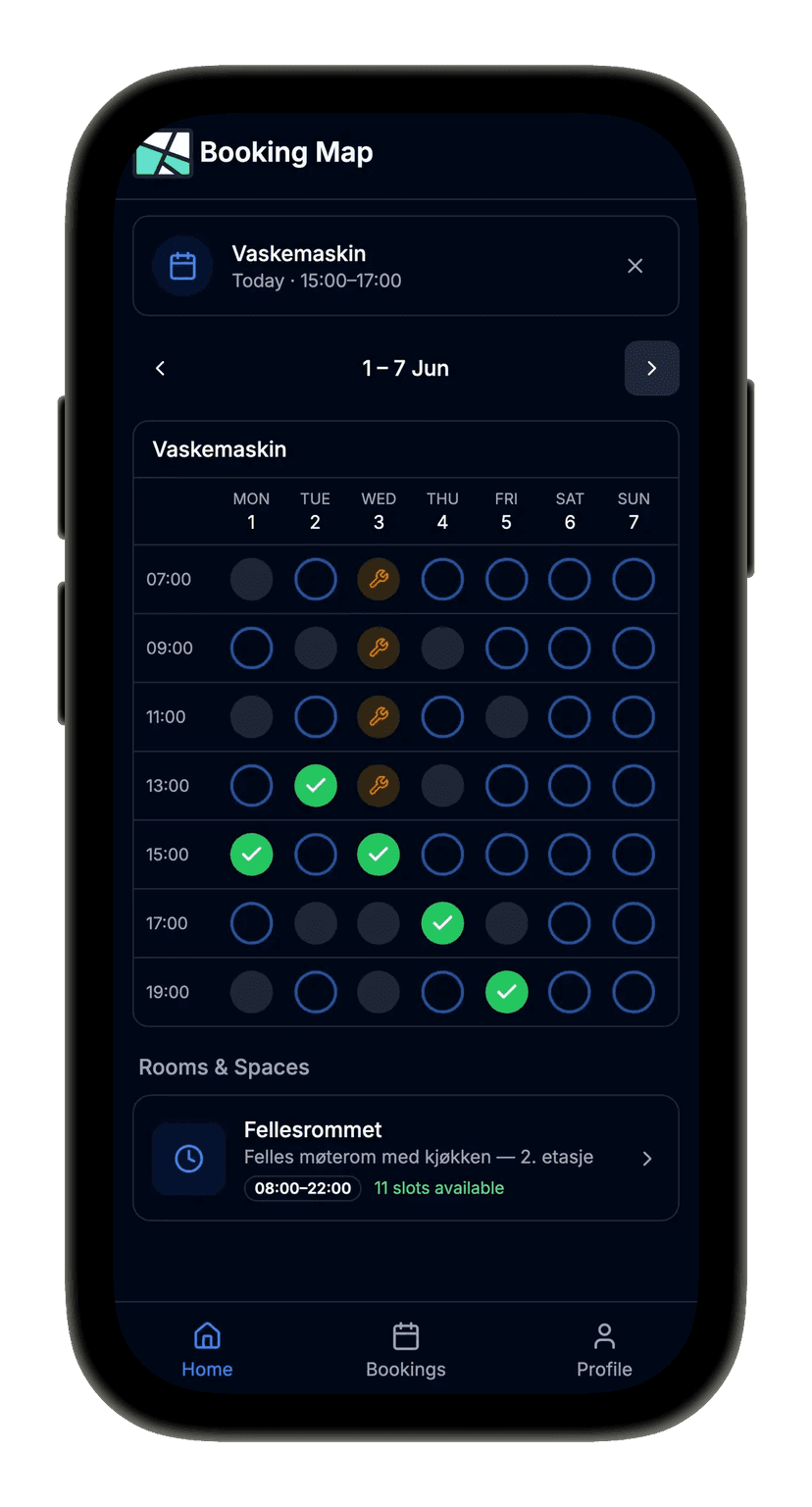 Booking Map-appen som viser ukentlig bookingvisning med vedlikehold